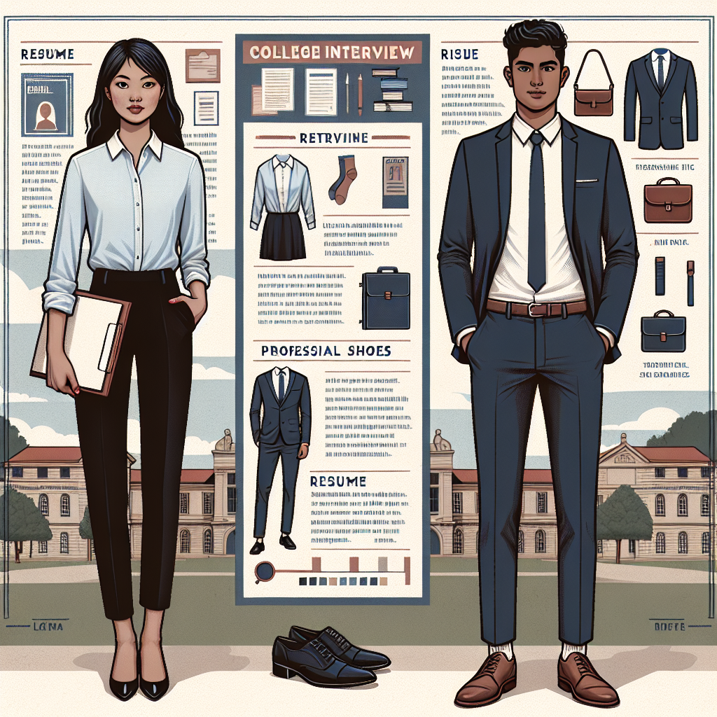 A detailed and illustrative guide for college interview attire. In the foreground, demonstrate a composed, smartly dressed South Asian female student wearing a neatly pressed light blue blouse and black slacks, she is holding a portfolio folder. Behind her, a Hispanic male student confidently stands, dressed in a crisp white dress shirt, stylish tie, and navy trousers. To the side, an infographic panel discussing the 'must-have' items for an interview; this includes a checklist of things like resume, professional bag, and neutral-colored shoes. Add a subdued college campus background for context.