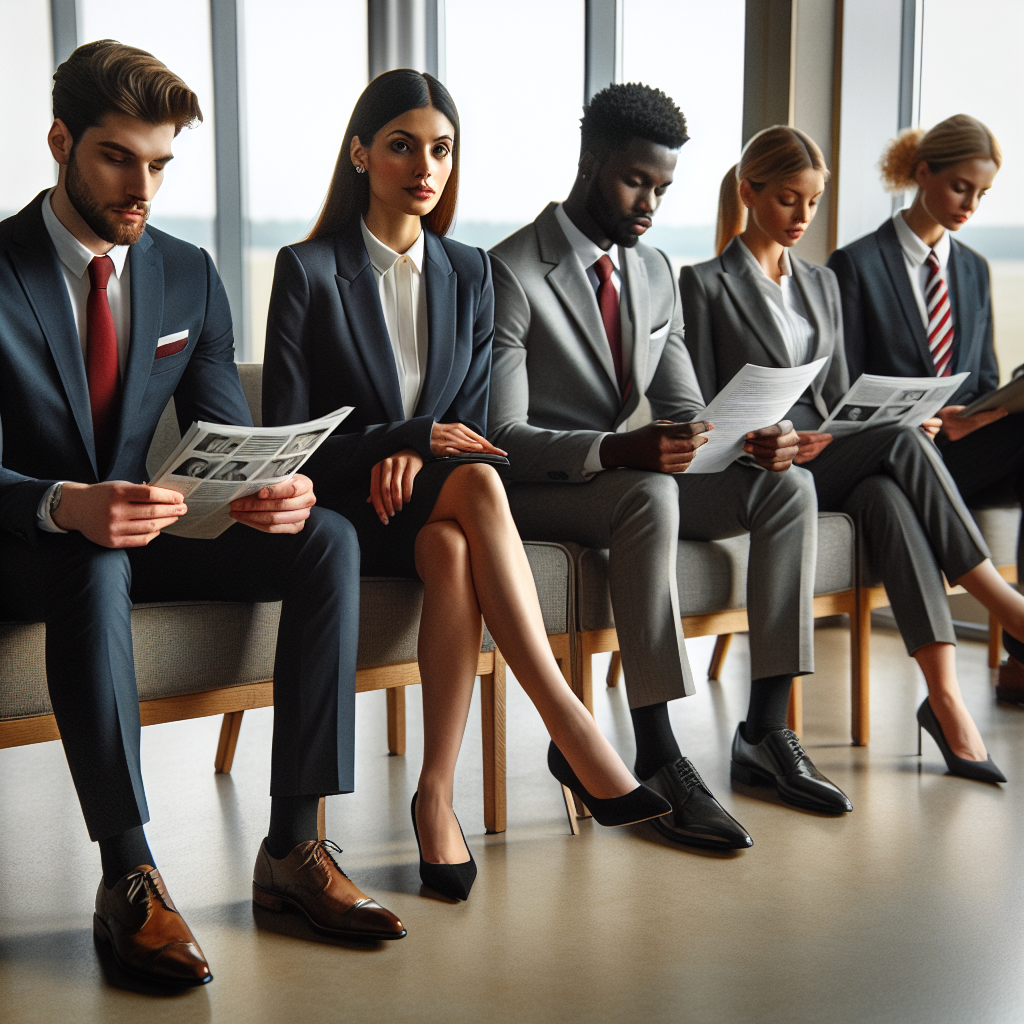 Dress for Success: Must-Have Tips for Your Interview A professional setting where individuals representing diverse descents and genders are in a waiting room, all dressed impeccably for a job interview. Set focus on their wardrobes: a Caucasian male in a navy suit with a red tie, sitting next to a Middle Eastern female wearing a tailored blazer and pencil skirt. Across from them, a Black male in grey suit and striped tie peruses a magazine, while a South Asian female in charcoal pantsuit confidently reviews her CV. Also highlight small yet vital details like polished shoes, neat hairstyles, and tidy portfolios.