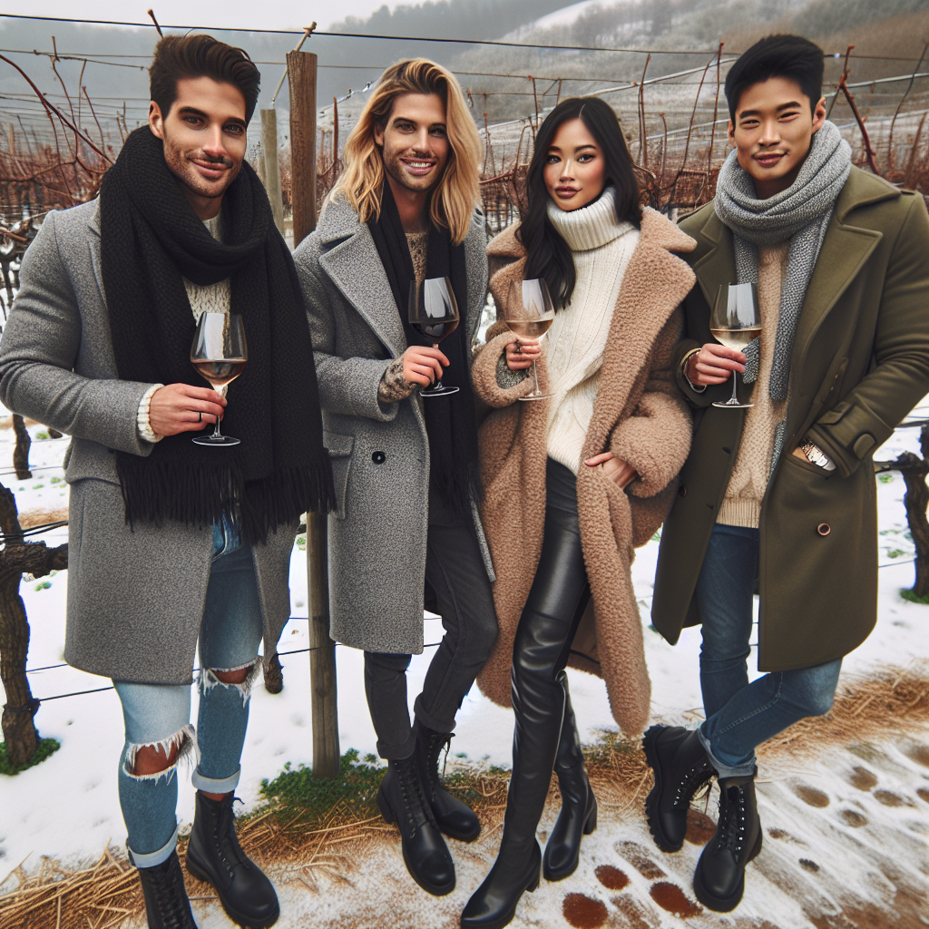 Stunning Winter Winery Outfits: Discover Your Perfect Match Generate an image of four friends at a vineyard in winter. They are enjoying a wine tasting event bundled up in stylish fashion. The first friend is a Hispanic man wearing a stylish grey peacoat, black scarf, and trendy boots. The second individual is a Caucasian woman donning a cosy oversized knit sweater, skinny jeans, and leather knee-high boots. The third friend is a Black woman wearing a trendy beige trench coat, a white turtleneck, and ankle boots. The last friend is an Asian man dressed in a green parka, jeans, and winter boots. All four are smiling, holding wine glasses, and surrounded by snowy vines.