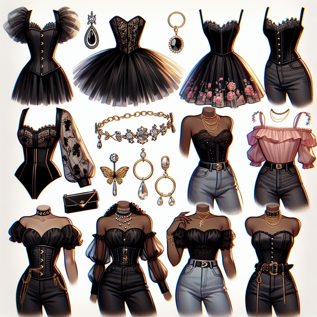 Stunning Outfits for Black Corset Tops: Find Your Match! Visualize an assortment of stunning and fashionable outfit options for black corset tops. The scene includes a variety of stylish combinations such as the corset paired with puffy tulle skirts for a flamboyant look, slim-fit jeans for casual outings, or elegant pencil skirts for a sleek ensemble. Additionally, picture various accessories like crystal-studded chokers for a gothic appeal, or golden hoop earrings for a chic vibe. Imagine these ensembles worn by women of different descents, such as Hispanic, Asian, Middle-Eastern, and Caucasian, demonstrating the versatility and universal appeal of black corset tops.