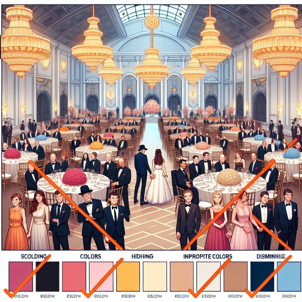 A visual guide demonstrating colors to avoid for elegant Bar Mitzvah celebrations. Include an array of pleasing color palettes suitable for refined celebrations countersigned with stark lines crossing out the inappropriate colors hinting the reader to dismiss them. The background should depict an opulent event area decorated for a Bar Mitzvah, showcasing classy decor and well-dressed guests of various descents and genders blending the suitable colors in their attire. Ensure to emphasize the wrong color choices in a subtle yet noticeable way.