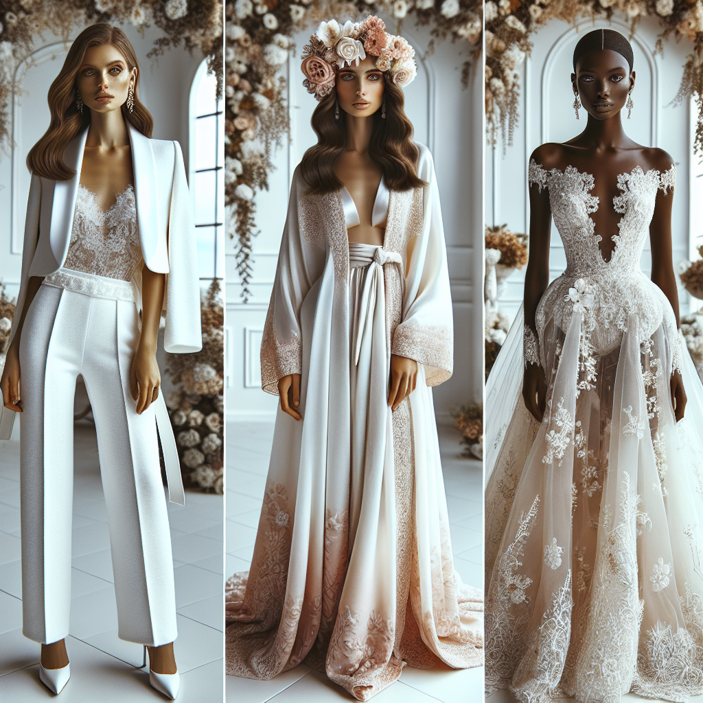 Stunning Wedding Outfits: Effortless, Dress-Free Styles Create an engaging and stylish image depicting various wedding outfit alternatives to the traditional dress. Include a radiant bride wearing a classy white trouser suit paired with a floral hair accessory, accentuating an air of modern elegance. Picture a confident bride wearing a exquisite caftan in a soft, blush shade, an epitome of chic Bohemian vibes. Lastly, visualize a bride, exuding Victorian elegance, in an opulent white jumpsuit adorned with intricate lace details. Ensure all three brides come from different descents: Caucasian, Middle-Eastern, and Black. Set these scenes against the backdrop of an elegant, flower-decorated wedding venue.