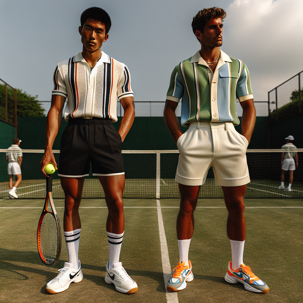 Tennis Match Style Guide: Must-See Outfits for Men An aesthetic showcase of fashionable tennis outfits for men on a sunny day. The scene should be set on a grass tennis court with two male players. The first player has Asian descent, wearing a traditional white polo shirt, black shorts with white trim, white knee-high socks and sport shoes. He holds a tennis racket in his right hand and a yellow tennis ball in his left hand. The other player, with Hispanic descent, standing at the other end, dons a trending green-and-blue striped tennis shirt, off-white shorts, and neon-orange trainers. Both are about to engage in a friendly tennis match.