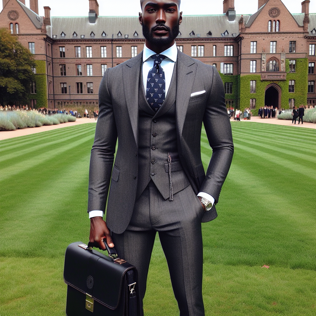 Stunning Guest Attire for Men at Graduations Generate an image depicting an elegantly dressed man attending a graduation ceremony. He's adorned in a finely tailored charcoal-grey suit with a crisp white shirt beneath. Along with this, he wears a complimenting navy blue tie that's patterned with subtle silver stripes. The man is also carrying a high-quality black leather briefcase. His long, perfectly polished black shoes complete his marvelous look. In terms of appearance, he is a Black gentleman with a shaved head and well-groomed beard. He's standing proud and confident on the lush, green courtyard adjacent to the institution's main building.