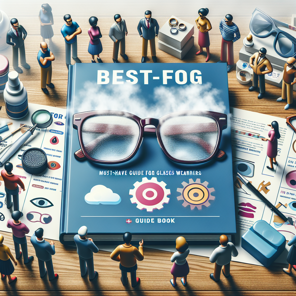 Best Anti-Fog Tips: Must-Have Guide for Glasses Wearers Create an image of a scene that represents the topic of 'Best Anti-Fog Tips: Must-Have Guide for Glasses Wearers'. Feature a central object being a pair of glasses with a glossy sheen, and light mist dissipating around it to indicate the anti-fog quality. Also, include a colorful guide book with tips and diagrams related to glasses maintenance beside it on a wooden table. Generate a backdrop featuring a diverse range of people of different descents like Caucasian, Black, Hispanic, South Asian, Middle-Eastern, and White, with various genders, all wearing glasses and engaged in a lively, informative discussion about taking care of their glasses.