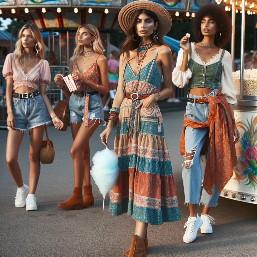 Stunning Fair Outfits for Women: Effortlessly Chic Image of a fashionable outdoor setting with multiple women wearing different fair outfits. In the foreground, a Middle-Eastern woman wearing a trendy boho-chic dress with layered necklaces and ankle boots. She's holding a cotton candy in her hand. In the middle, a Hispanic woman styled in a vibrant sundress with floral patterns, paired with a straw hat and sandals. She's eating popcorn. In the backdrop, a Black woman dressed in a cool, casual denim outfit with a crop top and ripped jeans, combined with a chunky belt and white sneakers. She is trying her luck at a fair game. The atmosphere is lively and colourful, reflecting the joy and excitement of a fair.