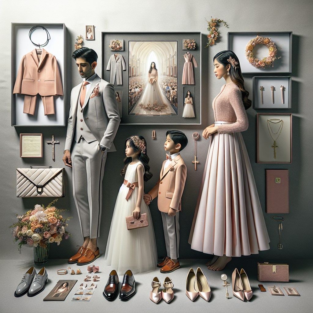 Must-Have Styles for First Holy Communion Guests A meticulously arranged snapshot of event-appropriate attire for guests of a First Holy Communion ceremony. The frame includes a South Asian man dressed in a formal, light-colored suit with a coral tie and a white woman in an elegant, pastel dress with a pearl necklace. Also captured are accessories like a tasteful clutch bag, chic hair clips, and polished leather shoes. The children in the image are holding prayer books, all symbolizing the sanctitude of the event. The backdrop is a tastefully decorated space with flowers and subdued lighting, embodying the serene and introspective nature of the occasion.