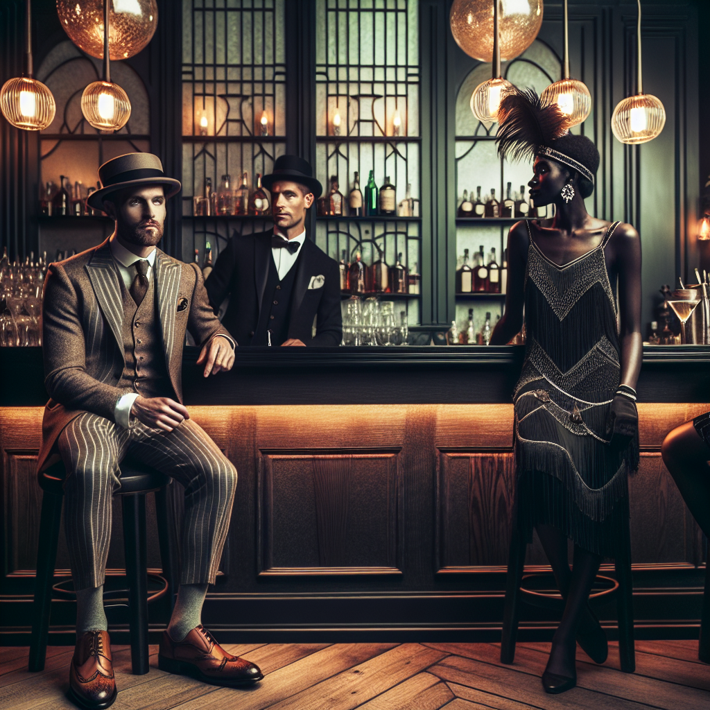 Speakeasy Style Guide: Discover Must-Have Chic Looks Visualize a sophisticated speakeasy ambience. Interior is dimly lit with a vintage touch, showcasing art deco style furnishings mixed with dark wooden panels. A man in a 1920s-inspired three-piece suit, a flat cap, and leather brogues sits at the bar. He's Caucasian with a neatly groomed beard. Near the entrance, a Black woman in a flapper dress with a headband featuring an elegant feather speaks to a South Asian man wearing a waistcoat and pinstriped trousers. The aura radiates an air of mystery and nostalgia, showing off the unique fashion styles of the prohibition era.