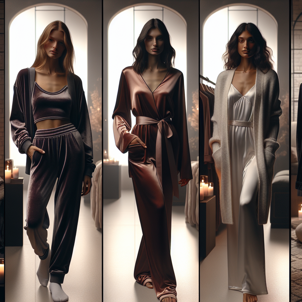 Stunning Lounge Outfits for Ladies: Find Your Match A fashion showcase with four different scene settings and each containing a female model with a unique descent modeling a marvelous lounge outfit. In the first setting, a Caucasian woman is dressed in a chic and comfortable velvet tracksuit. Next, a South Asian woman is displaying a beautiful silk robe worn over satin pajamas. In the third setting, a black woman models a stylish cashmere sweater paired with cotton leggings. Lastly, a Hispanic woman is exhibiting an elegant loungewear dress with a sleek belt. The ambience of each setting is cozy and the lighting subtly highlights the texture and color of each loungewear.