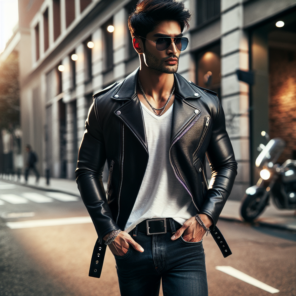 Men's Guide: Style Black Leather Jacket with Flair Picture an urban street style scene with a South Asian man showcasing his swagger while donning a black leather jacket. He has paired it with a fashionable white V-neck t-shirt, fitted dark blue jeans, and black ankle boots. He's accessorizing with a bold silver chain around his neck and dark aviator sunglasses. The background emanates a cool, city vibe with a brick wall and street lights. Use natural light to show the texture and shine of the leather jacket and highlight the overall stylish aura.