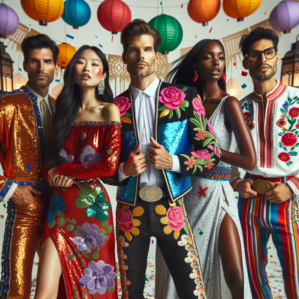 Visualize a dynamic fashion scene showcasing a variety of individuals wearing stunning fiesta outfits. Portrait an Asian woman wearing a colourful, sequin-emblazoned dress, a Caucasian man in a traditional charro suit, a Black woman flaunting a vibrant floral maxi dress, and a Middle-Eastern man in a stylish guayabera with bright patterned trousers. These individuals are of diverse age range, excitedly soaking in the festive atmosphere, with lanterns, streamers, and confetti in the background, demonstrating a perfect mix of stylish, fun, and cultural authenticity.