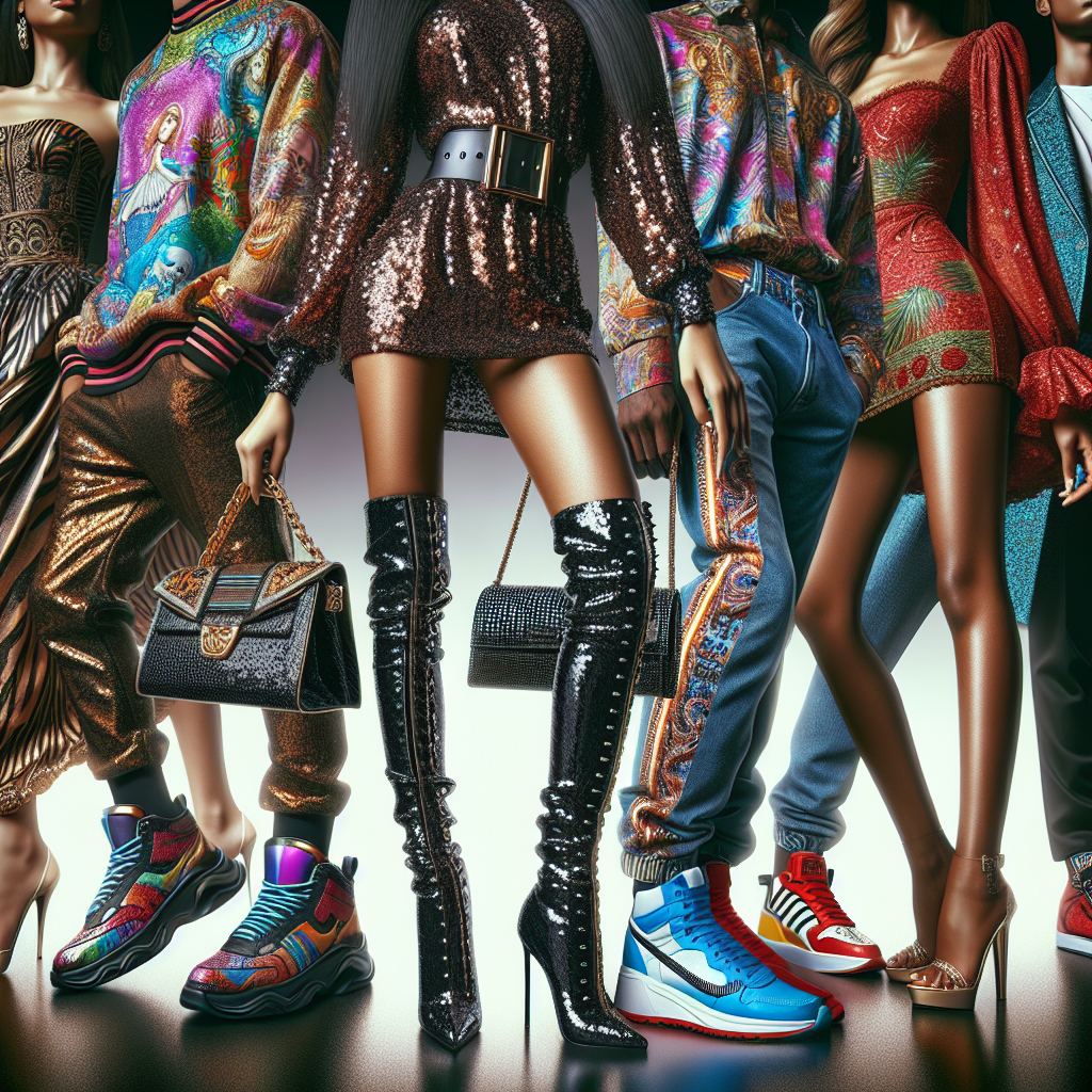 Stunning Outfits for Comedy Shows: Effortless Style A detailed view of a variety of stunning outfits designed for comedy shows. In the foreground, there's a Middle Eastern woman wearing a sequin jumpsuit and a pair of shiny black boots, exuding confidence and radiating style. In the middle is an African American man in a vibrant patterned shirt, skinny jeans, and contrasting bright sneakers. In the background, an Asian woman showcases an elegant mini dress paired with thigh-high boots and a unique handbag. This image captures the vibrancy, flair, and effortless style of comedic performance attire.