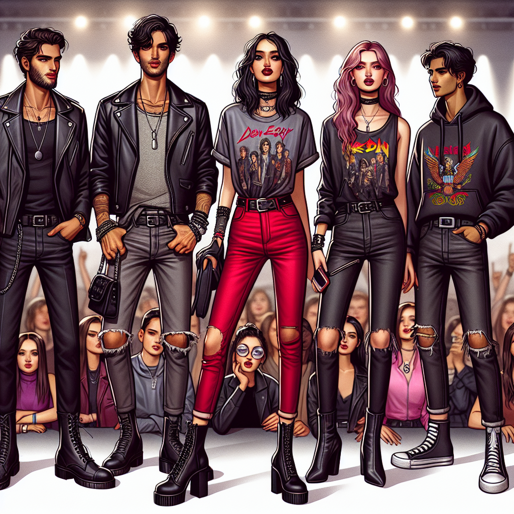 Imagine a concert scene for a popular rock band. Amidst the crowd, a diverse group of stylish individuals stands out due to their outstanding outfits. A Middle-Eastern male is dressed in a black leather jacket, grey tee, faded jeans, and black boots, his wrist adorned with rugged silver bracelets. A Hispanic female exudes charisma, her outfit consisting of an oversized band tee, vibrant red skinny jeans, and high-heeled ankle boots. Nearby, a South Asian female rocks a black oversized hoody, ripped jean shorts and classic white sneakers. Each has expertly coordinated their ensembles to reflect both their individuality and love for the rock music genre.