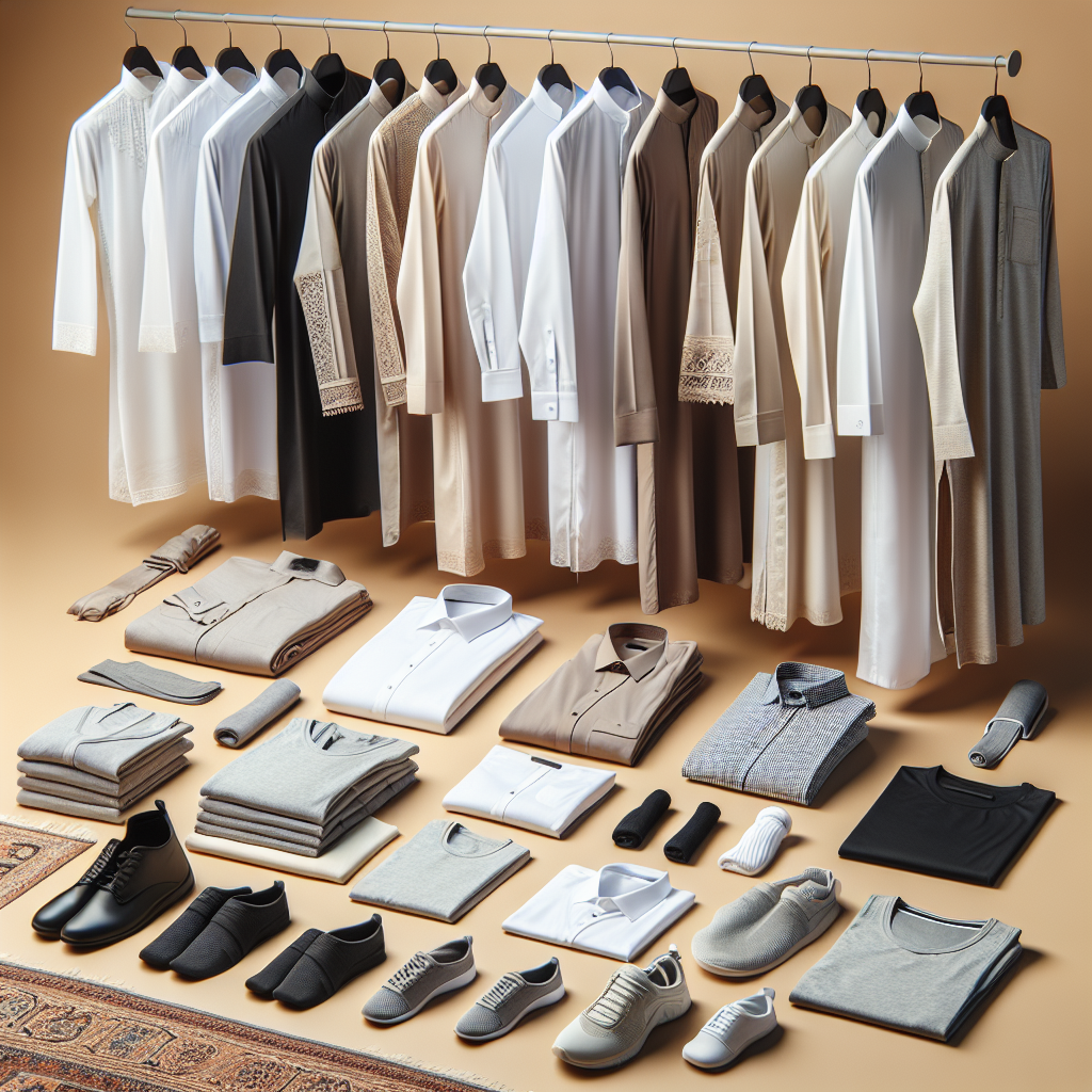What to Wear Under a Thobe: Must-Have Styles A well-arranged clothing collection containing a variety of garments commonly worn under a Thobe by men of different cultures. Ideally, the collection should contain traditional Arabian undergarments such as Sirwal and undershirts, fitness attire for the active Middle-Eastern man, comfort-focused apparel for the Caucasian homebody, professional office wear for the South Asian businessman, and relaxed yet stylish clothing suitable for the Black man's casual day out. Furthermore, the display should also include a variety of fabrics suitable for different climates and personal preferences. The clothes should be neatly folded or delicately hung, showcasing their design and quality.
