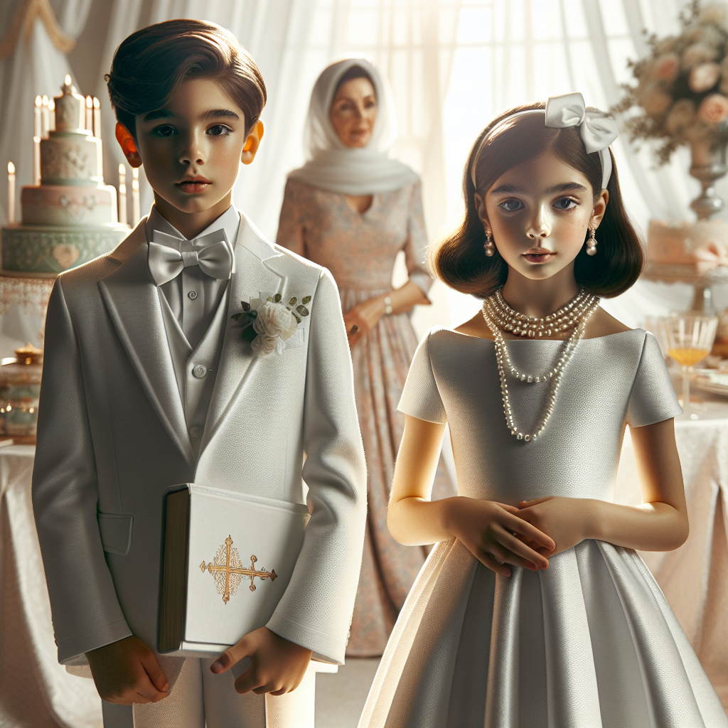 What to Wear to a First Holy Communion: Must-Have Tips Imagine a setting for a first Holy Communion, a socially significant event in some Christian traditions. Picture a young boy in a crisp, white suit, carrying a prayer book. Alongside him stands a young girl, her look characterized by a simple, elegant white dress, pearls delicately adorning her necklace while her black hair is neatly styled with a white bow. An adult woman of Middle-Eastern descent, dressed in a pastel-colored dress, is present as well, reminding us of the etiquette at such occasions. Amidst the soft sunlight streaming in, the table nearby features a tiered cake and beautifully wrapped gifts.