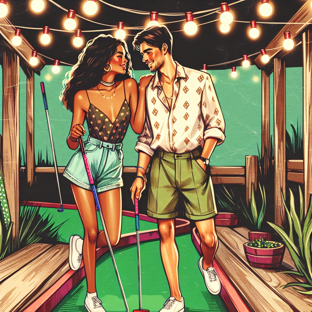 Stunning Mini Golf Date Outfits to Impress An illustration of a romantic evening at a mini-golf course. A couple, one Black woman and one Asian man, both in their late twenties, are playfully dressed in stylish but comfortable outfits perfect for a mini-golf game. The woman is wearing a high-waisted shorts with a flowy top and the man in a cool patterned shirt and khaki shorts. Rustic string lights twinkle above them as they hold colorful putters, the green turf beneath their feet. Art should be rendered in the vivid, bright color palette of a vintage postcard.