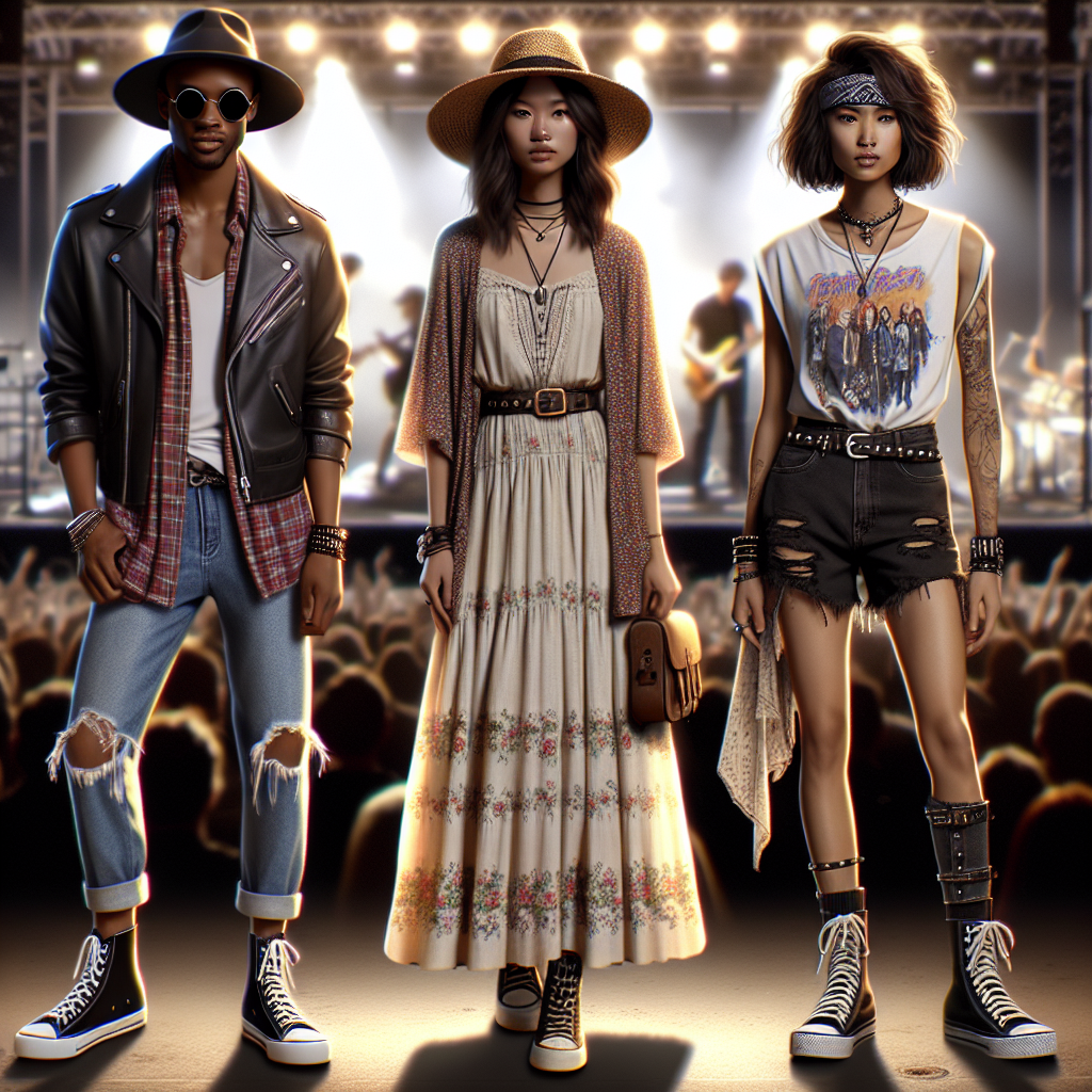 What to Wear to a Concert: Stunning Outfits! Imagine three fashionably dressed individuals standing together and ready to attend a live musical event. The first person, a Black male, is rocking a casual chic look with a leather jacket, denim jeans, and high-top sneakers. The second individual, an Asian female, exudes a boho style with a flowy maxi dress and a woven fedora hat. The third person, a Hispanic trans woman, is donning a punk style with a band t-shirt, black ripped jeans, and combat boots. In the background, there’s the glow of stage lights suggesting the vicinity of a concert venue.