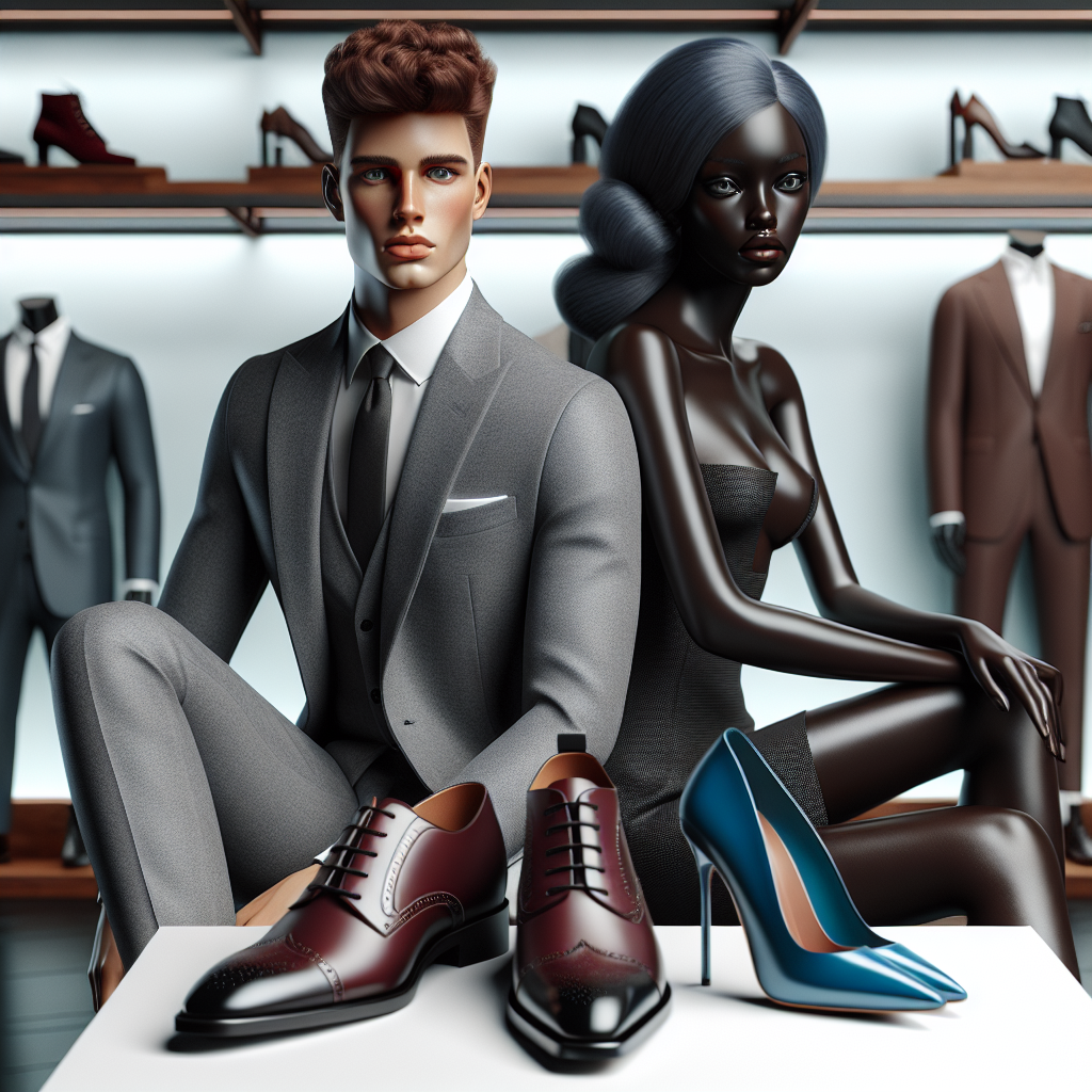 Must-Have Shoes for Grey Suits: Effortless Style Tips Two mannequins depicting a modern fashion scenario, one Caucasian male and one Black female, both dressed in tailored, grey suits. Their footwear should differ: the male wearing classic, high polished, lace-up leather shoes in a deep burgundy, while the female should be in stiletto pumps of brilliant sapphire blue. Background can be a minimalist chic boutiques, with hints of a shoe line up on a mahogany shelf. These elements symbolize a smart guide for choosing shoes to pair with grey suits, demonstrating a sense of style and finesse.