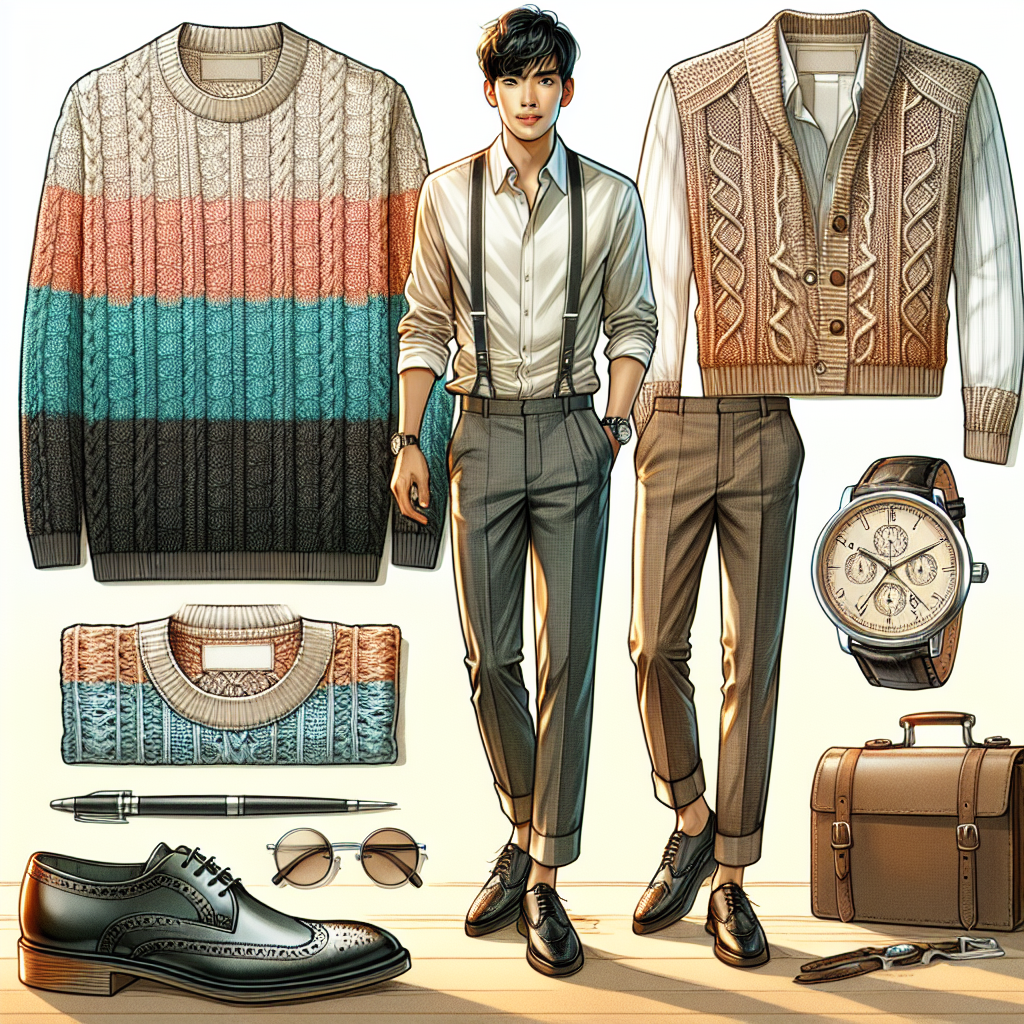 What to Wear Under a Crochet Sweater: Effortless Elegance A detailed and vivid illustration showcasing a fashion-conscious individual, displaying an effortlessly elegant style, underneath a stylish crochet sweater. The person, an Asian male, presents a desirable, casual yet sophisticated visual representation of outfits ideal for wearing under a crochet sweater. The wardrobe could include a fitted, collared shirt in a pastel shade, paired with dark-colored trousers, suggesting a smart-casual dress code typical in modern city life. Around him, accessories matching this style, such as a classic wristwatch and brogue shoes, lie scattered. The background should have soft lighting and a warm color palette, to lend an atmosphere of comfort and elegance.