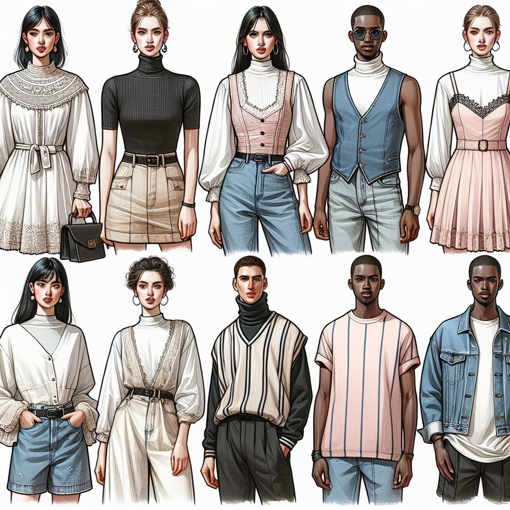 What to Wear Under a Denim Vest: Effortless Style A detailed fashion-centric illustration showcasing various attires to pair under a denim vest. Picture a South Asian woman donning a voluminous white blouse with lace trims, paired with the denim vest. Further, visualize a Caucasian woman with a high-necked, sleeveless black turtle neck adorned with the denim vest. Additionally, portray a black man in a pastel pink tunic coupled with the denim vest. Finally, illustrate a Middle-Eastern man wearing a stripped casual t-shirt layered under the denim vest. All the character in contemporary, effortless yet stylish setting, emphasizing the inclusivity and versatility of denim vest styling.