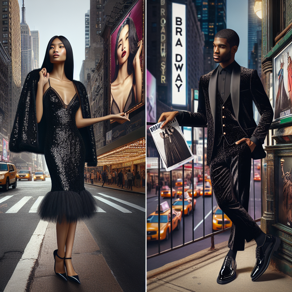 Must-Have Outfits for a Stunning Broadway Show Experience Imagine the bustling streets of New York City, where the spotlight of Broadway awaits. A South Asian woman is striking a confident pose, exhibiting a classy, black sequin dress paired with matching heels. On the other hand, a Black man is adorning a matching three-piece suit, fashioned from the finest velvet, paired with glossy black dress shoes. Both are clutching a Broadway theatre program signifying their upcoming show experience. Their anticipation is mirrored by iconic Broadway billboards casting brilliant colors against the cityscape, demonstrating a perfect amalgamation of style meeting culture in the heart of the big city.