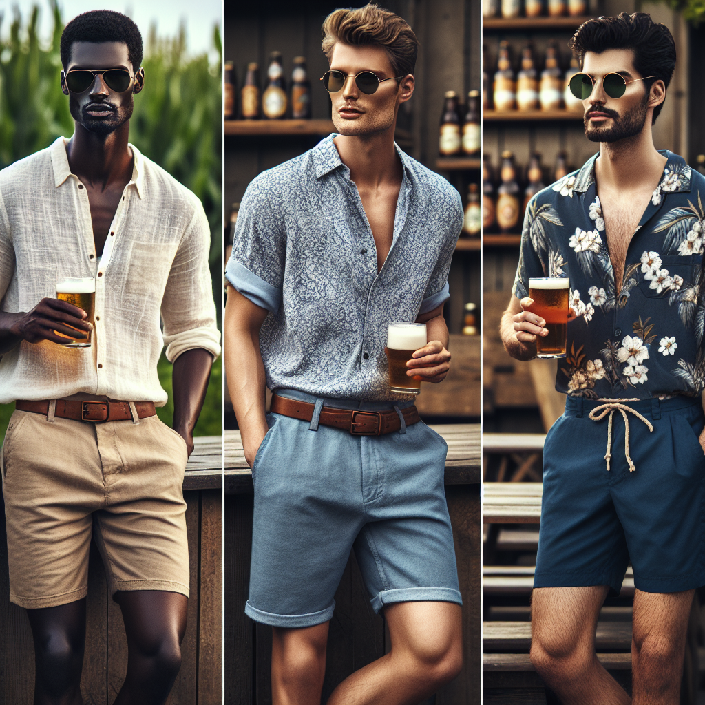 Stunning Summer Brewery Looks for Men: Must-Have Styles! Visualize a fashion spread for a summer men's style guide. The scene is set at a charming rustic brewery under the sun-soaked sky. Include three men each of distinct descents - Black, Caucasian, and Middle-Eastern, flaunting their unique summer styles. The first man is sporting a light linen shirt paired with chino shorts, the second man is rocking a Hawaiian shirt with denim shorts, and the third man is wearing a tasteful polo shirt paired with tailored board shorts. Each of them is accessorized with aviator sunglasses, simple leather sandals, and a cool, frosty pint of craft beer.