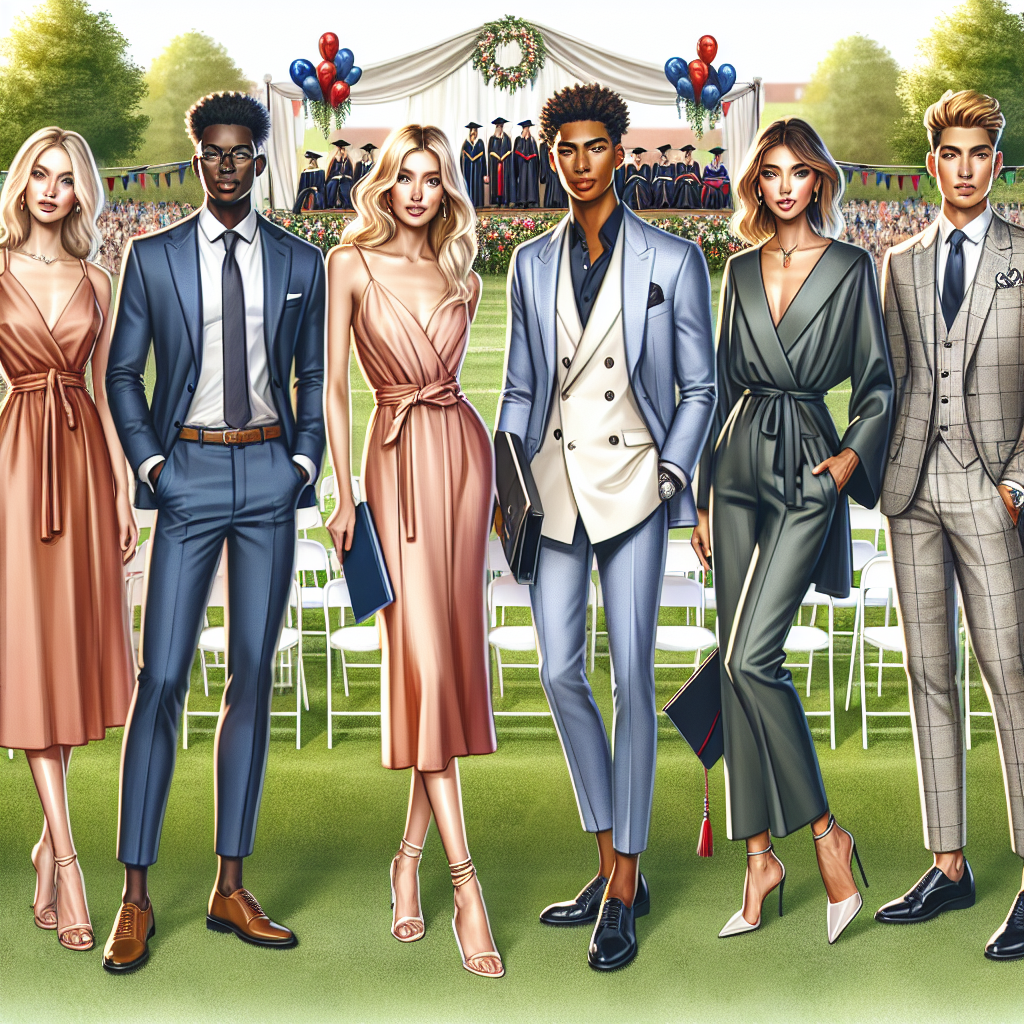 Stunning Guest Outfits for Effortless Graduation Style Showcase a collection of stylish outfits ideal for attending a graduation ceremony. Depict six individuals, each representing a different descent: African, Caucasian, Hispanic, Middle Eastern, Asian, and South Asian. Portray three males and three females, all elegantly dressed in a variety of outfits including chic tailored suits, sleek dresses, and sophisticated cocktail wear. The setting should be a lush green lawn peppered with chairs, indicating an outdoor graduation ceremony. A graduation stage festooned with balloons and banners is visible in the background. The individuals should look radiant, confident, and ready to make a positive impression.