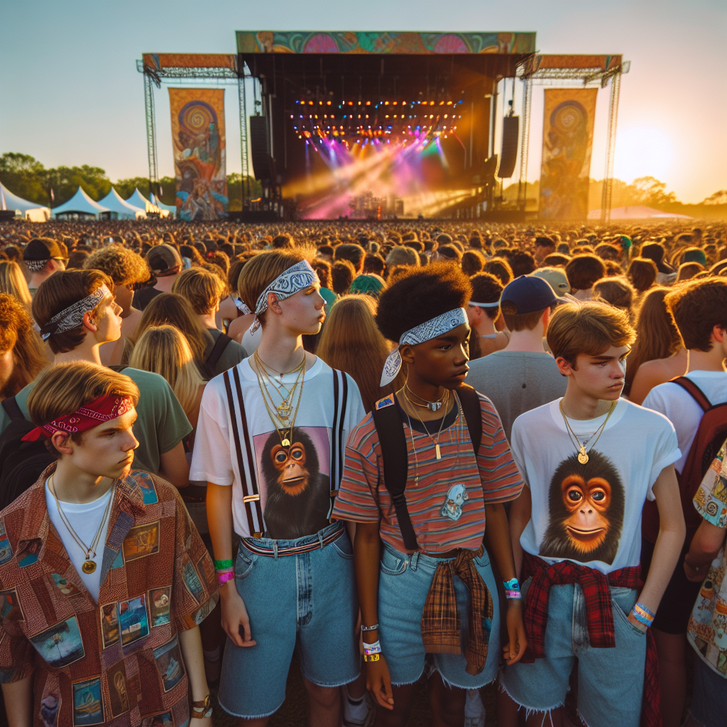 Must-Have Outfits for a Childish Gambino Concert A lively outdoor music festival scene during the golden hour, with the sun low in the sky creating a beautiful soft lighting. The crowd is filled with concert-goers of diverse desecents and genders, dressed in stylish and comfortable casual clothing perfect for a concert setting. They should display unique accessories like bandana headbands, layered jewelry, and artist-themed tees vaguely reminiscent of Childish Gambino's aesthetic. There should be a vibrant stage under the open sky, with colorful lights creating dynamic shadows and depth on the scene, though no specific artist should be depicted.