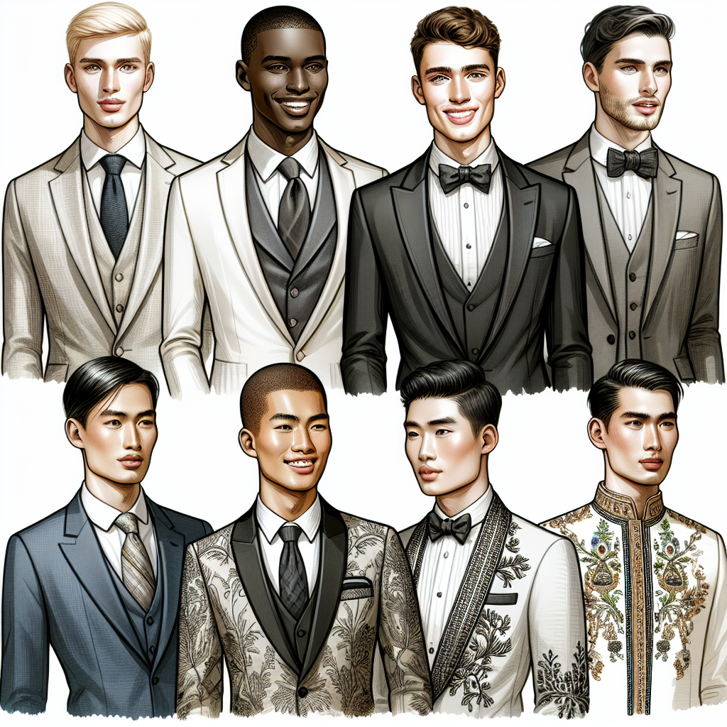Wedding Style Guide: Must-Have Men's Outfits A comprehensive guide to men's wedding attire featuring a variety of styles. A blond Caucasian man donned in a sleek modern monochrome suit. A Black man with a smile exuding confidence as he models in a classic, elegant tuxedo. An Asian man sporting a vintage style suit, serving a dash of old-world charm. Finally, a Middle-Eastern man in a traditional wedding dress, embroidered and ornate. Each outfit is illustrated with precise attention to details such as fit, color, fabric, and accessories, reflecting the personalities and cultural nuances of the men wearing them.