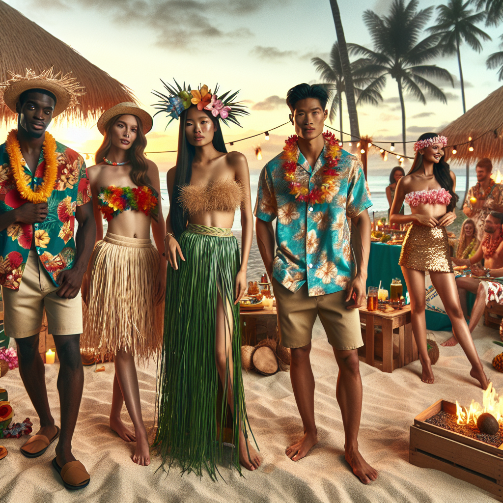 Stunning Luau Party Outfits: Effortless Style! An outdoor scene set at a luau party showing several people wearing colorful luau party outfits. The first person, a Black man, is in a vibrant floral shirt, straw hat, and khaki shorts. Beside him, an Asian woman is seen wearing a grass skirt, a coconut bra, and a lei around her neck. Another white woman dazzles in a tropical maxi dress, while a South Asian man wears a traditional aloha shirt. Beyond them, partygoers are seen enjoying the festivities with torches, traditional Hawaiian music, Hawaiian food tent, and the setting sun on beach background.