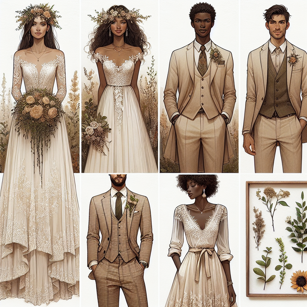 Visualize a stunning collection of rustic wedding outfits. The first outfit showcases a long, flowing wedding dress made of delicate ivory lace, adorned with a rose tiara for a female of Hispanic descent. The second one brings to life a dapper ensemble for a Middle-Eastern male featuring a tailored, linen suit with a sunflower boutonniere. Additionally, imagine an African bride sporting an earth-toned, high-low dress with succulent bouquet. Lastly, picture an Asian groom in a laid-back yet elegant attire consisting of khaki slacks, a white shirt, and a boutonniere made with wildflowers. These must-have styles embody warmth and simplicity that a rustic wedding invites.