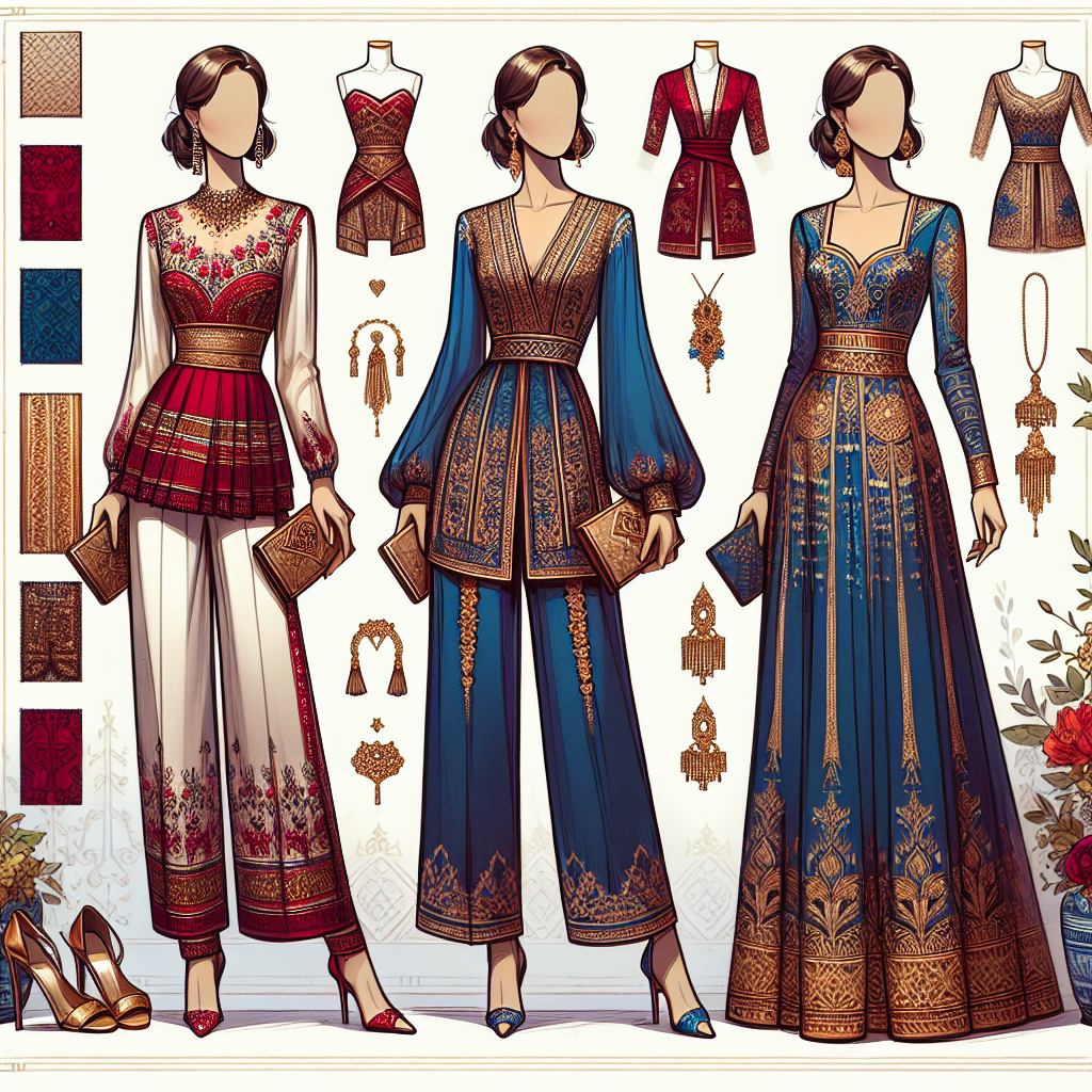 Visualize a collection of fashion-forward outfits ideal for attendees at a Quinceanera. Display three outfits, each on a mannequin showcasing different sartorial styles. The first mannequin, dressed in a Hispanic-style embroidered cocktail dress, the second, in a South Asian inspired high-waisted pant suit with intricate prints, and the third one, in a Middle-Eastern influenced, semi-formal long dress with golden accents. Illustrate vibrant colors typical for such occasions, like deep red, royal blue, and emerald green. Remember to include suitable accessories: earrings, necklaces, clutches, and formal shoes.