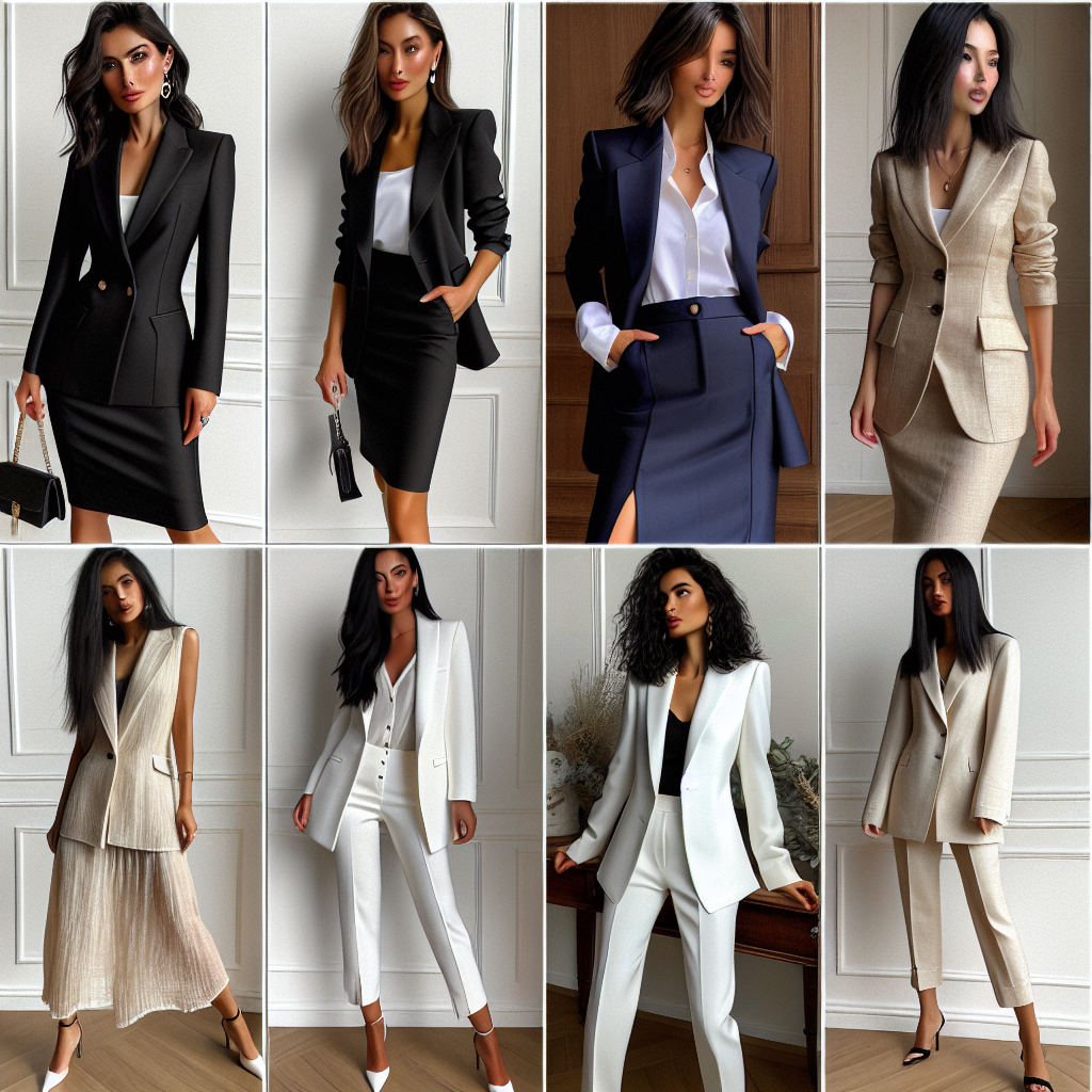 Stunning Outfits for Women’s Suits: Find Your Style A collection of women's suits perfect for any occasion, showcasing a range of styles and fabrics. The first ensemble is a classic black blazer and skirt combination worn by a middle-eastern woman, exuding sophistication and business chic. The next outfit features a chic pantsuit on an Asian woman in an eye-catching shade of royal blue. A third outfits presents a South Asian woman in a modern, white tuxedo-style suit, displaying elegance and contemporary flair. Lastly, a black woman is posing in a crisp, beige linen suit, epitomizing casual yet stylish summer wear.