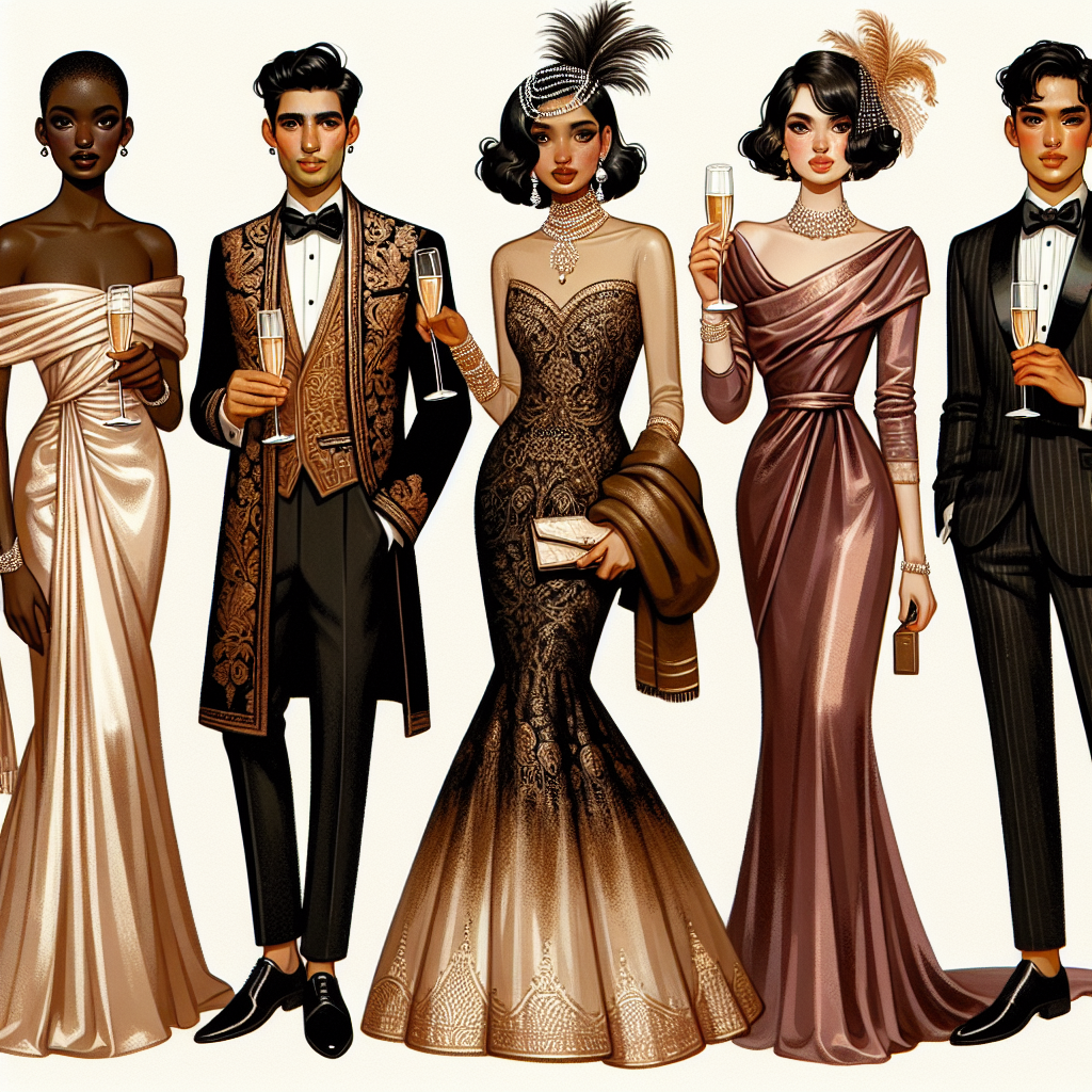 Illustrate an elegant scene depicting must-have fashion looks for formal weddings and lavish dinners. Show a long, satin, mermaid-style dress worn by a Black woman, her hair styled into a chic updo adorned with delicate pearls. Also, feature an Indian man in a traditional Sherwani suit with intricate gold embroidery. In addition, include a Hispanic woman wearing a mid-length velvet dress, her styled bob with a vintage feathered fascinator. Lastly, present an East Asian man in a tailored black tuxedo, his tie a bright, contrasting color. All of them holding champagne glasses, imbuing the image with a sense of festivity and sophistication.