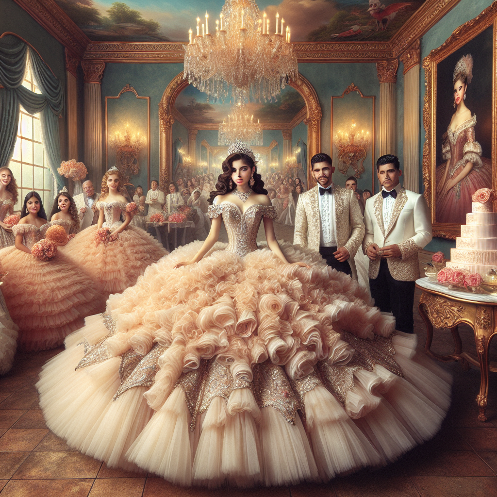 Stunning Quinceañera Styles: Effortless Elegance Unveiled Visualize a vibrant scene showcasing the elegance of traditional Hispanic culture through the portrayal of a Quinceañera event. In the center, a young Hispanic girl, dressed in a stunning, exuberant ball gown lavishly adorned with layers of tulle and intricate beadwork, radiates beauty and youthful vigor. Adding to this picturesque scene is a crowd of joyous attendees including two Hispanic male family members, both donned in formal attire accentuating the significance of the occasion. An elegant cake table set in Rococo artistic style stands in the background, accentuating the grandiose atmosphere. Capture the charm and essence of a classic Quinceañera celebration.