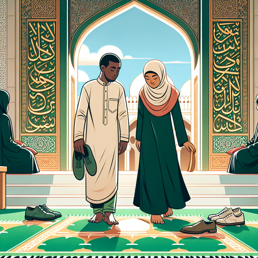 Dress Code Mastery: What to Wear to a Mosque Visit Produce an illustration teaching the principles of dress code for visiting a mosque. Show a Hispanic male and Black female dressed modestly in long garments that cover their arms and legs. Both are removing their shoes before entering the ornately decorated entrance of the mosque which has beautiful Islamic calligraphy. Flowing green and gold carpets lead towards the towering archway. Complementing the scene is a bright blue sky hinting at a serene day. Their faces reflect respect and anticipation. Remember: the overall atmosphere should be one of peace, reverence, and cultural appreciation.