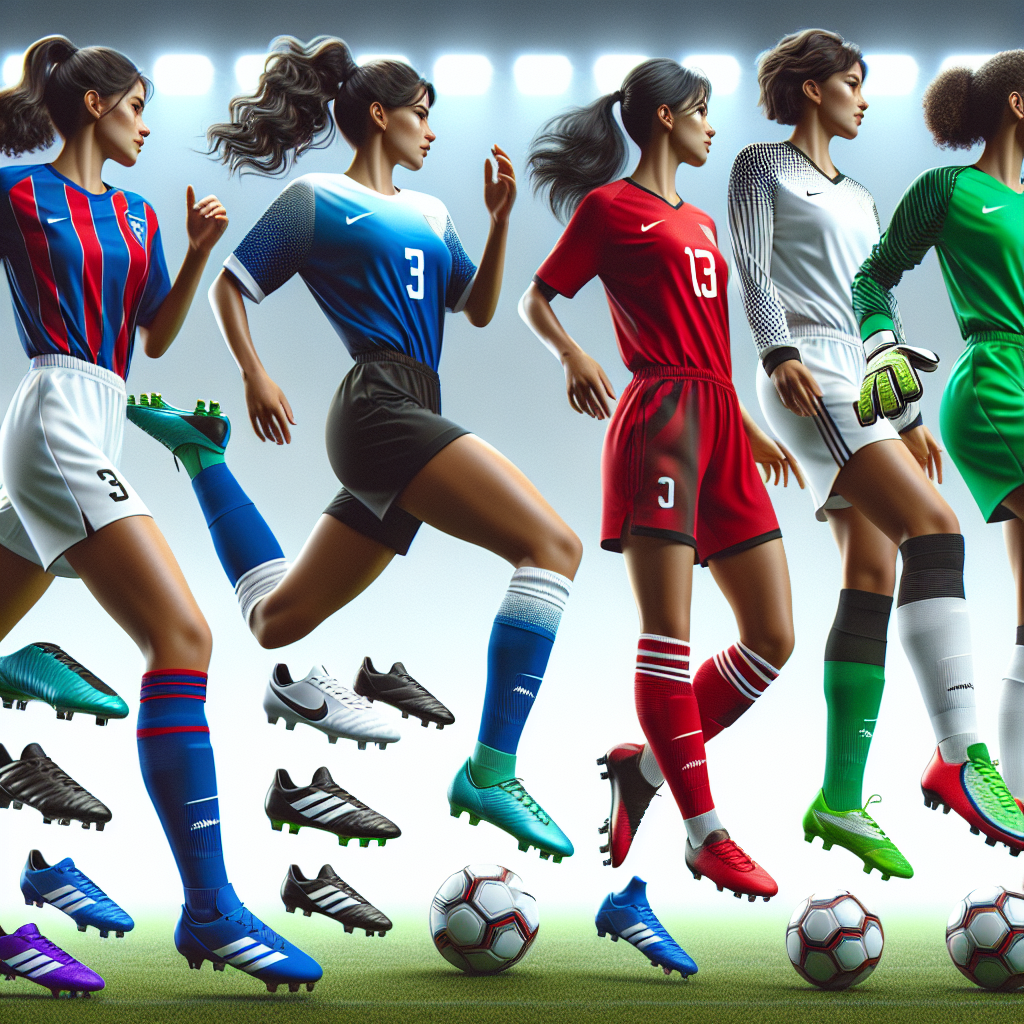 Stunning Soccer Game Outfits for Women: Effortless Style A vivid display of women's soccer game outfits that epitomize effortless style. This selection includes uniforms of three female players, all in full action. Imagine the first player, a Hispanic woman, scoring a goal, dressed in a dazzling blue and white uniform. Picture the second player, an Asian woman defending, wearing a striking red and black kit. The third player, a Black woman leading her team, is seen donned in a vibrant green and white uniform. Their outfits are complemented by apt accessories including airy soccer cleats, snug-fitting shin guards, and professional-grade goalkeeper gloves when needed.