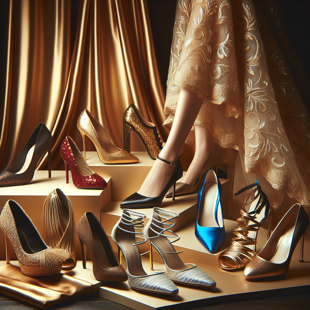 Must-Have Shoes for Your Gold Dress: Find the Perfect Pair! Visualize an array of stylish and high-end ladies' shoes, each with unique designs suitable for a lustrous gold dress. On the left, show a pair of elegant high heels in glittering ruby red. Next to them, showcase a pair of sophisticated black satin pumps. Towards the center, reveal a pair of glamorous sapphire blue stilettos. To the right, display a pair of classic white lace-up sandals, and finally, a pair of bronze leather peep-toe shoes at the far right. The backdrop is a sleek and shiny gold cloth, and the shoes should be arranged in a visually appealing manner.