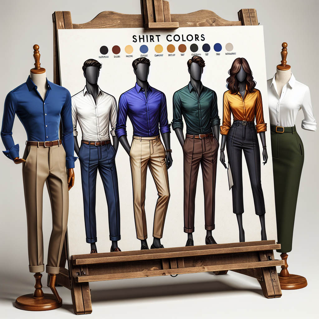 What Color Shirt to Wear: Must-Have Tips for Elegance A stylish guide about shirt colors is being presented on a vintage-style foldable wooden easel. The guide showcases five mannequins with body shapes representative of a variety of genders and body types. Mannequin one is a Black slender female wearing a cobalt blue tailored shirt tucked into a pencil skirt. Mannequin two is a Middle-Eastern muscular male wearing a burgundy button-down shirt with black chinos. Mannequin three is a Caucasian transgender person in a casual yellow shirt paired with jeans. Mannequin four is a South Asian petite male sporting a forest green shirt with beige pants. Mannequin five is a Hispanic curvy female draped in a crisply ironed white shirt paired with wide-legged pants.