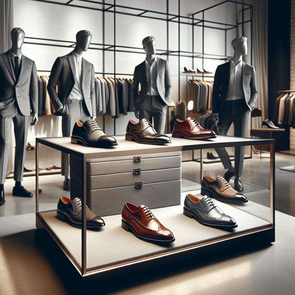 Showcase a scene in a stylish boutique selling high-end fashion items. In the display, spotlight six pairs of must-have shoes chosen ideally to match gray suits. The selection should be a mix of smart, formal footwear like loafers, oxfords, and brogues, in shades such as black, brown, and burgundy. In the background, subtly, show a male DRESSMAN of Middle-Eastern descent and a female DRESSWOMAN of Hispanic descent dressed in crisp, well-fitted gray suits for context and contrast. Be sure to present an upscale, sophisticated atmosphere symbolic of fashion industry elegance.