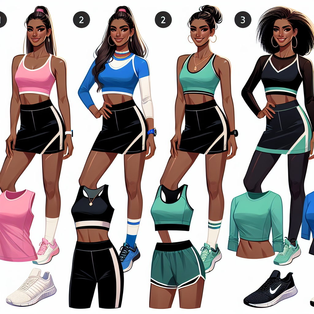 Stylish Guide: What to Wear with a Black Athletic Skirt Create an image showcasing a detailed style guide for pairing clothes with a black athletic skirt. The illustrated ensemble should incorporate vibrant-colored fitness tops, comfortable footwear suitable for athletic activities, and suitable accessories like a sweatband or fitness watch. In the image, depict a diverse range of women showcasing these styles - a Hispanic woman with a pink sports top, a White woman with a blue sports top and a Black woman wearing a green sports top. Each of the women should portray confidence and style, emphasizing the versatility of a black athletic skirt in sportswear.