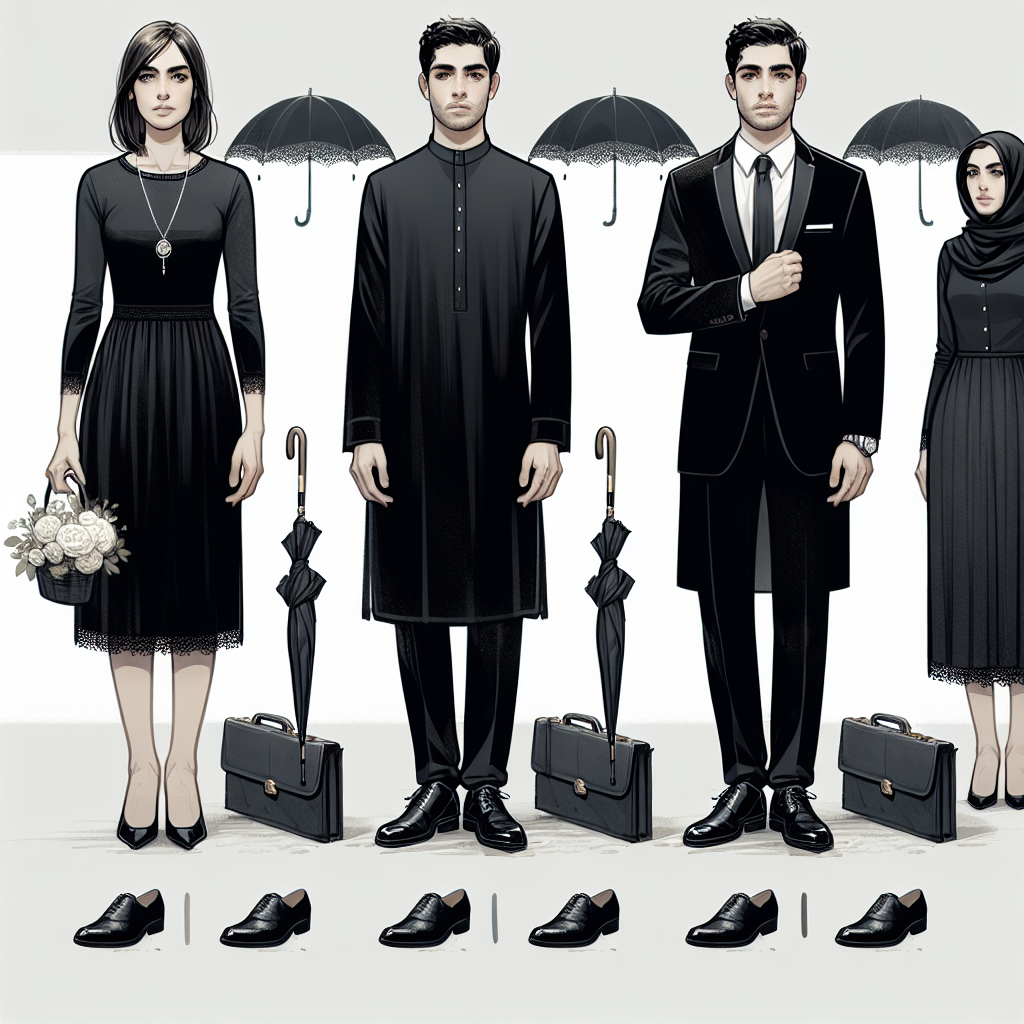 What to Wear to a Funeral: Elegant, Respectful Choices Illustrate a sequence of three scenes showing different respectable and elegant funeral attire. The first one is a Caucasian woman in a tasteful knee-length black dress with a discreet necklace and sensible shoes. The second image is of a South Asian man wearing a black traditional kurta with matching shoes. The third image showcases a Middle-Eastern man in a sleek black suit, a white shirt, and a black tie, complementing with polished shoes. Add somber details like a white flower on the coat, black umbrellas, or tear-streaked cheeks to enhance the overall atmosphere.