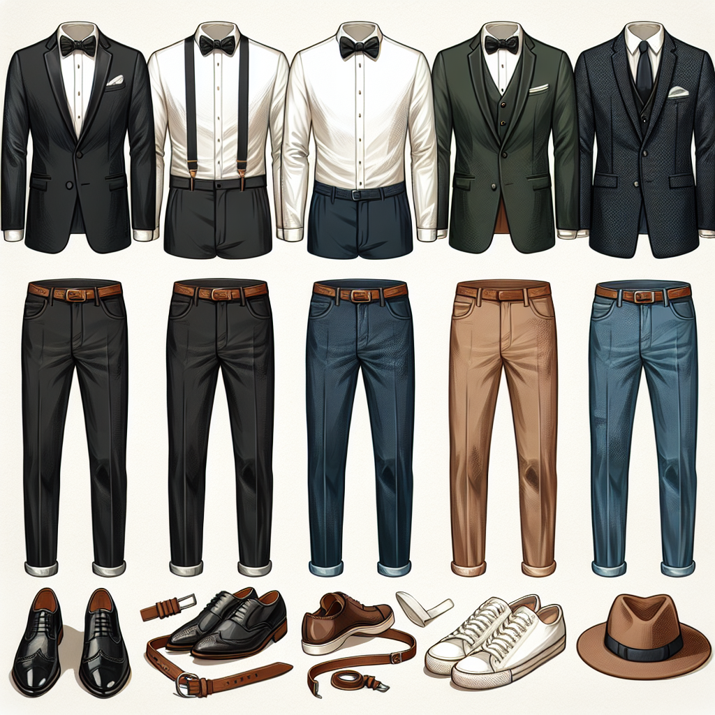 Must-Have Men’s Outfits for Broadway Shows Create an image that depicts a variety of ensembles that could be considered must-have men's attire for Broadway shows. Include a predominately formal black and white tuxedo – black trousers, a white shirt, a black bow tie, and a black jacket – perfect for an opening night. Add a semi-formal alternative: dark blue jeans, a light blue dress shirt, a brown leather belt, and a dark gray blazer. Finally, depict a casual outfit, consisting of khaki trousers, a white t-shirt, a green utility jacket, and a brown fedora. Ensure that each outfit includes coordinating footwear: black dress shoes for the tuxedo, brown leather loafers for the semi-formal look, and white sneakers for the casual attire.