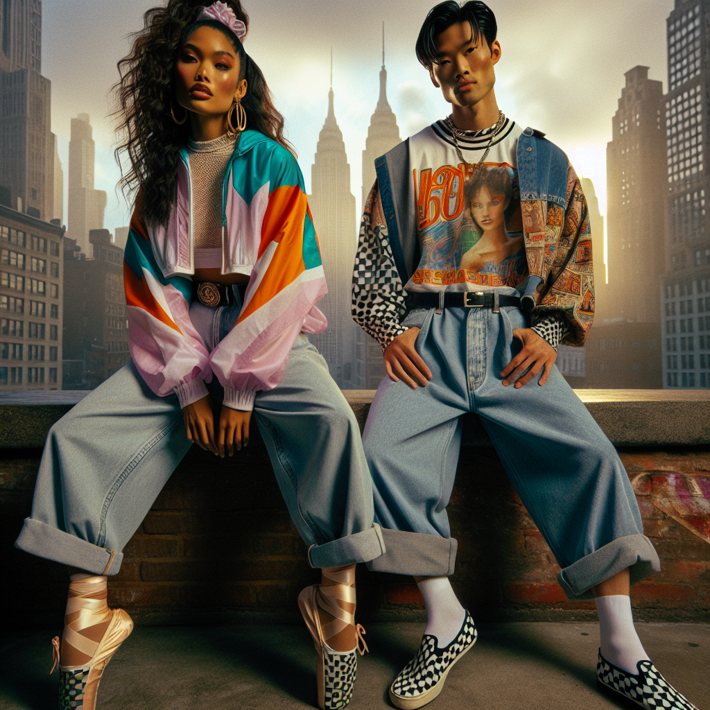 90s Inspired Outfits: Must-Have Styles for Ballet Matinee Picture this: a vibrant ensemble that pays homage to 90s fashion trends, but tailored to the aesthetic of a ballet matinee. At the center, a Latina professional ballet dancer dressed in an oversized, pastel windbreaker and baggy denim jeans, her hair swept high in a scrunchie. Accompanying her, an Asian male ballet dancer sporting a vintage graphic tee, checkerboard slip-ons, and wide-legged khakis. In the background, an urban cityscape softly muted by the glow of the afternoon sun, a reminder of the decade that these styles hail from. The attire vibrates with the electric energy of the 90s, yet gracefully harmonizes with the refined elegance of ballet.