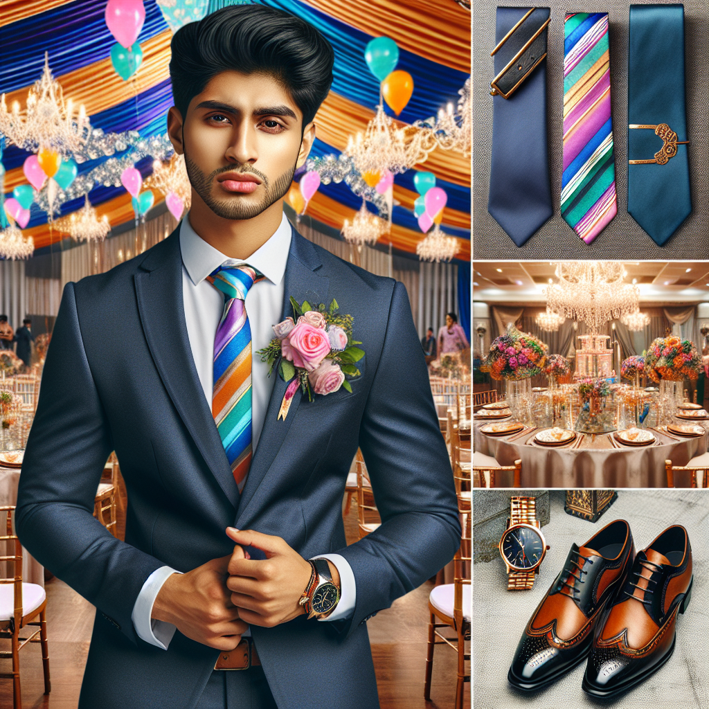 Effortless Guide: What to Wear to a Quinceanera as a Male Guest Create an image that represents a sophisticated guide on what to wear to a Quinceanera as a male guest. The image should show a South Asian man dressed in a sharp, formal outfit, which could include a crisp blue suit, a white dress shirt, and a vibrant, color-coordinated tie. Accessories such as a sleek wristwatch and shiny leather shoes can be added for extra polish. To emphasize the celebratory nature of the event, include elements like a beautifully decorated hall in the background with festive banners, balloons, and a tastefully arranged table with a floral centerpiece.