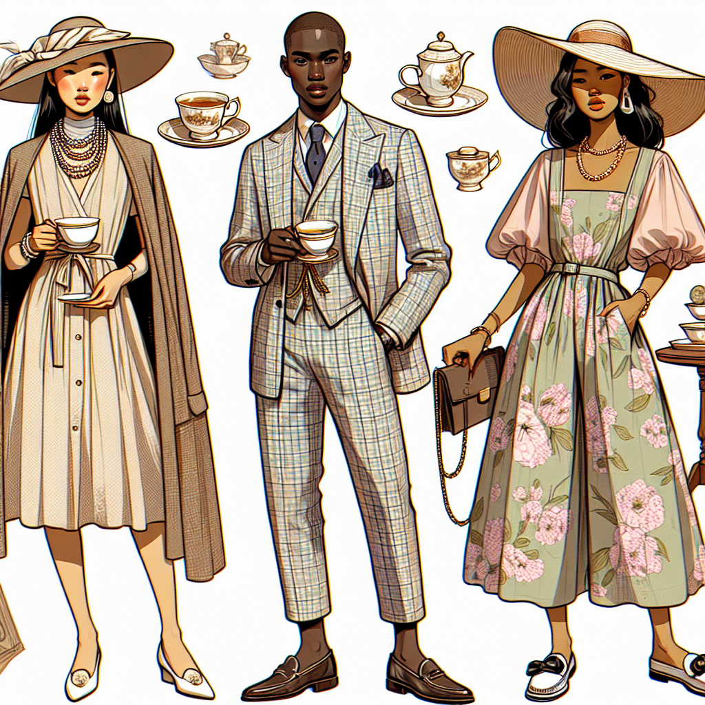 Must-Have Outfits for High Tea: Effortlessly Chic An image depicting a series of must-have outfits for a high tea event. Please depict three fashionably dressed individuals each of different gender and descent. Firstly, an Asian woman elegantly dressed in neutral tone dress with a cape-style blazer, pearl necklace and a fancy hat. Secondly, a Black man, looking dashing in a pastel coloured tweed suit, pocket square, and loafers. Lastly, a Hispanic non-binary person in a chic floral jumpsuit paired with a wide-brimmed sun hat and classic loafers. Each person should be seen holding a tea cup, amidst a setup of a traditional high tea.