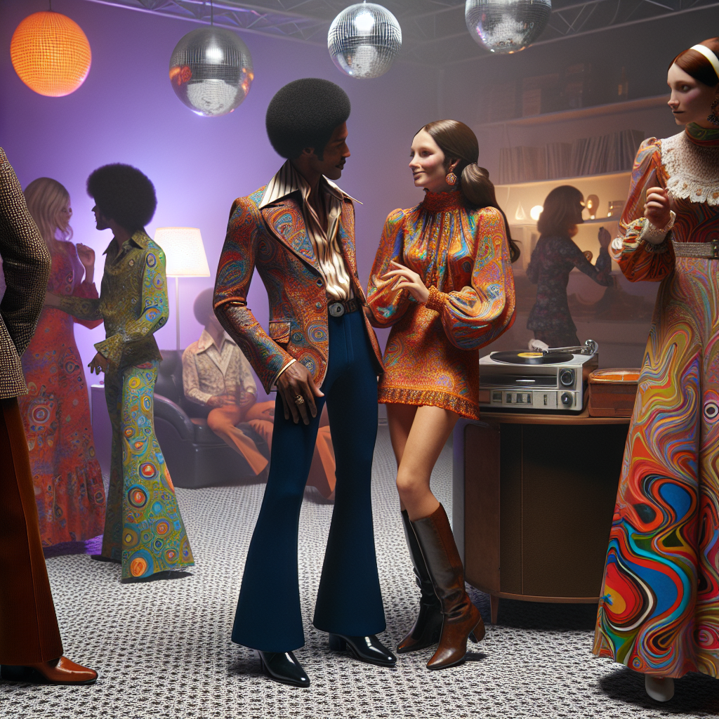 Stunning 70s Party Outfits: Dress to Impress! Visualize a scene from the 70s, showcasing a party atmosphere. Imagine a Hispanic woman wearing a vibrant, psychedelic mini dress, dancing with a Black man who’s decked out in high-waisted bell-bottoms and a fitted satin shirt. Nearby, a Caucasian man is seen in a multi-colored paisley suit and wide-collar shirt, chatting with a woman of Middle-Eastern descent, clad in an eccentric balloon sleeve maxidress with abstract patterns. In the background, glimpses of disco balls, vinyl records, and lava lamps complete the ambiance.