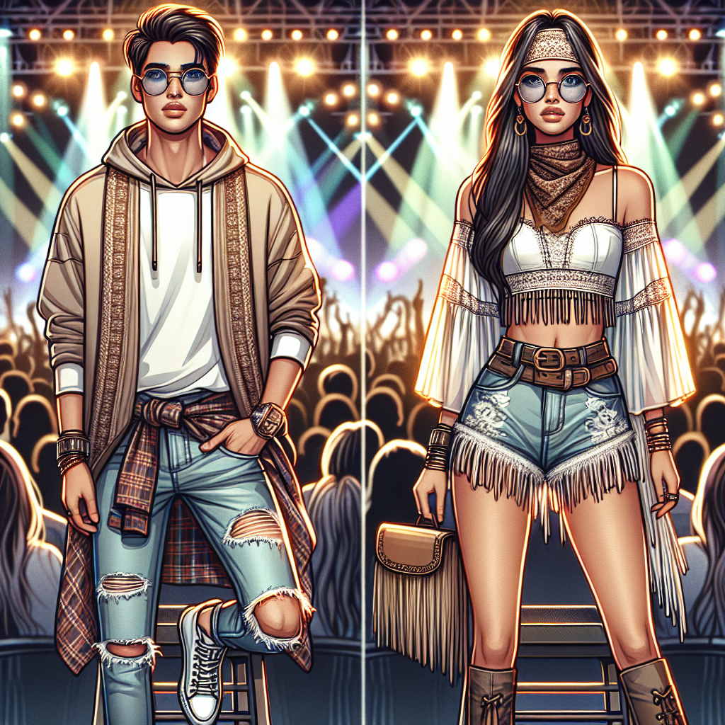 Must-Hear Styles: What to Wear to a Forrest Frank Concert Create an image of an ensemble perfect for a concert. The setting is evening in an indoor music venue filled with multicolored lights. There is a young, stylish audience dressed in trendy fashion for the concert-like setting. Depict a Caucasian male in a streetwear inspired outfit with layered clothing, ripped jeans, and a pair of edgy sneakers. Also, illustrate a Hispanic woman, donned in a chic boho outfit, including a fringed crop top, high-waisted distressed shorts and ankle boots. Both are wearing accessories like funky scarves, trendy hats and stylish sunglasses, all contributing to the lively, musical atmosphere.