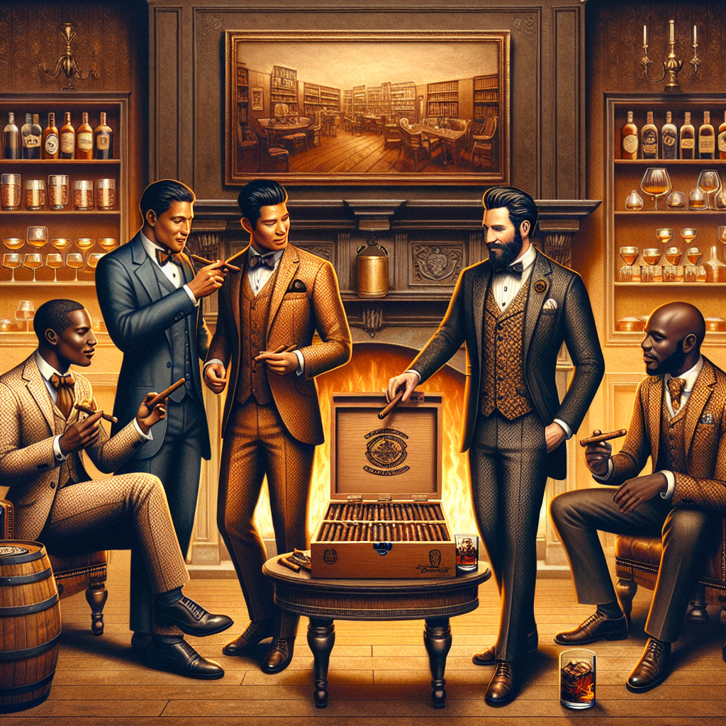 What to Wear to a Cigar Bar: Exclusive Tips & Styles Craft an illustration of a pseudo-Victorian era gentlemen's gathering inside a lavish cigar bar. Each gentleman should have culturally diverse origins such South Asian, Middle-Eastern, Hispanic, and Black. A grand fireplace is in the background, casting a warm, golden glow on the scene, highlighting their classy attire - three-piece suits with patterned waistcoats, bow ties, and polished leather shoes. One figure should be helping another choose a cigar from a richly detailed humidor box, while the third is gauging the aroma of a cigar. Sprinkle the scene with whiskey glasses, a decanter, and hints of plush leather furniture.