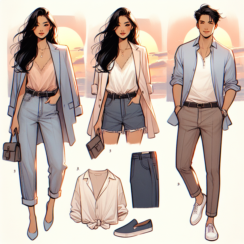 Imagine a collection of casual and captivating outfits perfect for a first date. On the left, visualize an Asian woman confidently sporting a stylish and comfortable outfit consisting of denim jeans, a soft pastel blazer, and matching flats. To her right, picture a Hispanic man, both relaxed and striking, wearing a light, unbuttoned shirt over a graphic tee, paired with dark chinos and clean white sneakers. Propel these scenes with the soft glow of a setting sun, symbolizing the brevity, yet potential promise, of a first date. These outfits not only provide a sense of their personality but also show the exciting potential of future encounters.